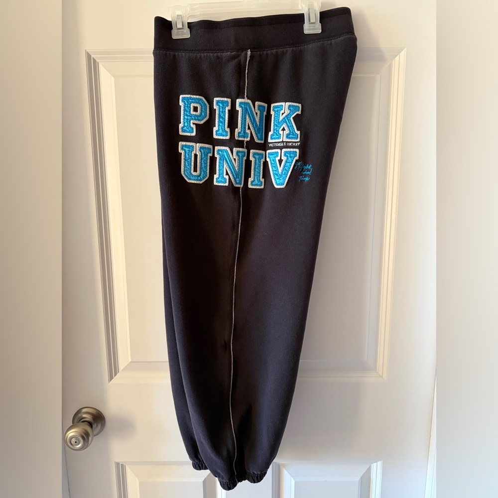 PINK University Victoria's Secret Black Capri Jogger Sweatpants w/ Blue Vintage